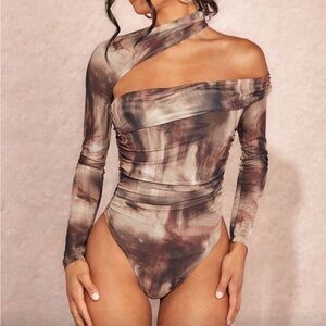 SHEIN Brown Abstract Long Sleeve Crop Top